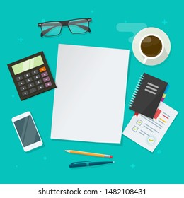 Audit or research work desk with blank empty paper sheet for copy space top view vector illustration, flat cartoon office table work place above with analysis documents, report or education idea