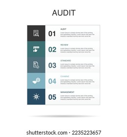 audit, review, standard, examine, management icons Infographic design template. Creative concept with 5 steps