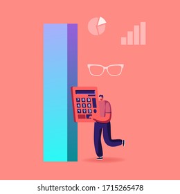 Concepto de estadísticas de auditoría o ciencia. Administrador, Empresario, Inspector Financiero o Secretario Marcado de Carácter Informe Calcular Balance, Comprobar Cálculos de Datos. Ilustración de vectores de caricatura