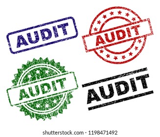 AUDIT seal prints with damaged surface. Black, green,red,blue vector rubber prints of AUDIT caption with corroded surface. Rubber seals with round, rectangle, rosette shapes.