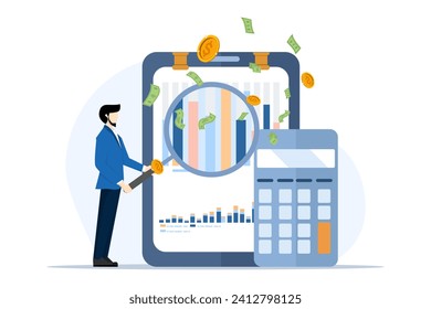 Concepto de Asistencia al Servicio de Auditoría. Informes financieros, análisis de contabilidad, evaluación de los costes de las empresas por parte de los inversores, gestión financiera de las empresas. ilustración moderna vectorial plana sobre fondo blanco.