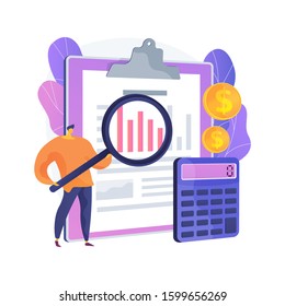 Audit service assistance. Financial report, bookkeeping analysis, company finances management. Financier making corporate expenses assessment. Vector isolated concept metaphor illustration