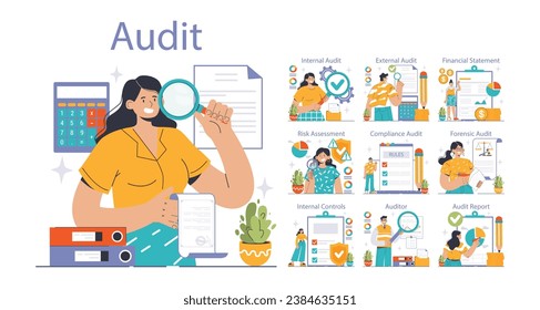 Audit set. Professionals evaluating financial records. Internal and external assessment, compliance checks. Forensic scrutiny, risk analysis. Financial statement reviews. Flat vector illustration