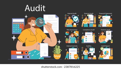 Audit set. Professionals evaluating financial records. Internal and external assessment, compliance checks. Forensic scrutiny, risk analysis. Financial statement reviews. Flat vector illustration