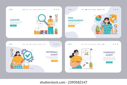 Audit set. Professionals evaluating financial records. Internal and external assessment, compliance checks. Forensic scrutiny, risk analysis. Financial statement reviews. Flat vector illustration