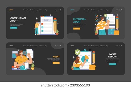 Audit set. Professionals evaluating financial records. Internal and external assessment, compliance checks. Forensic scrutiny, risk analysis. Financial statement reviews. Flat vector illustration