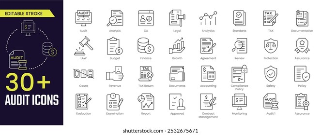 Coleções de ícones de Traço de Auditoria. Contém os ícones Contabilidade, auditoria, relatório financeiro, Contrato, IMPOSTO, Documentação, Orçamento, Retorno de IMPOSTO e mais. Ícone de traçado editável coleção Ícone de estrutura de tópicos