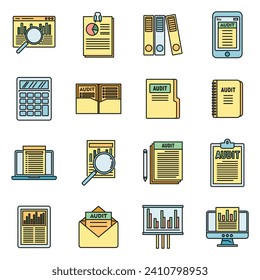 Audit system icons set. Outline set of audit system vector icons thin line color flat on white