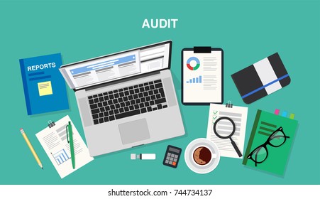 Audit, top view of a desk with a computer, notepad, financial reports, coffee cup, documents, calculator, pens and pencils. Vector illustration in flat style, template for business