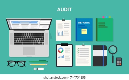 Audit, top view of a desk with a computer, notepad, financial reports, documents, calculator, pens and pencils. Vector illustration in flat style, template for business