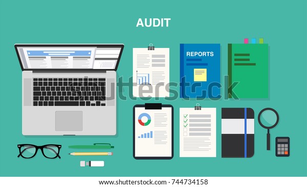 Audit Top View Desk Computer Notepad Stock Vector Royalty Free