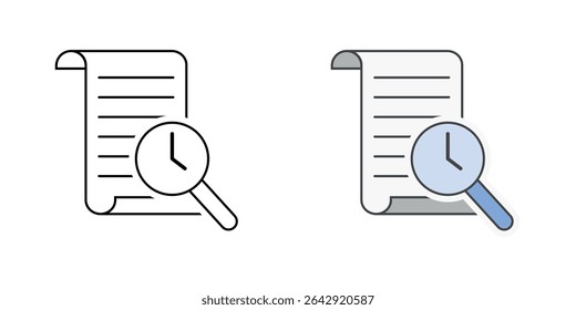 Audit trail icon with a scroll, magnifying glass, and timestamp, in outline and color styles, perfect for visualizing cloud-based logging, user activity tracking, and security compliance.