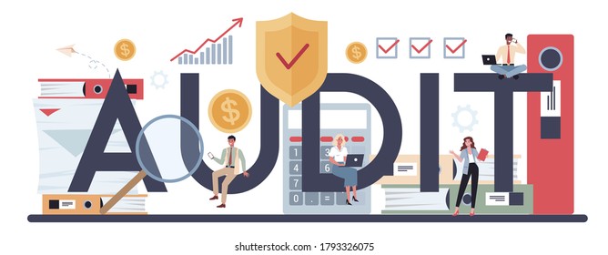 Encabezado tipográfico de auditoría. Investigación y análisis de operaciones empresariales. Gestión financiera profesional. Inspección y análisis financieros. Ilustración vectorial plana aislada