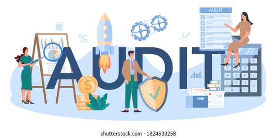 Audit typographic header. Business operation research and analysis. Professional financial management. Financial inspection and analytics. Isolated flat vector illustration