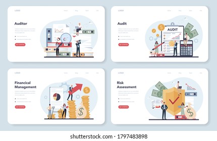 Audit web banner or landing page set. Business operation research and analysis. Professional financial management. Financial inspection and analytics. Isolated flat vector illustration