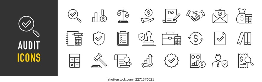 Icono de auditoría web en estilo de línea. Evaluación, calculadora, marca de verificación, auditoría, inspección, inversión, cálculo, análisis, colección. Ilustración vectorial.