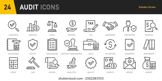 Audit web icon in line style. Assessment, calculator, check mark, auditing, inspection, investment, calculation, analytics, collection. Vector illustration.	