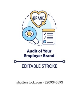 Audit Of Your Employer Brand Concept Icon. Analyze HR System. HR Management Abstract Idea Thin Line Illustration. Isolated Outline Drawing. Editable Stroke. Arial, Myriad Pro-Bold Fonts Used