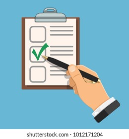 Auditing, Accounting Concept. Auditor Holds Pen in Hand and fills Checklist. Flat Style Icons Project Management, Analysis, Data. Isolated Vector Illustration