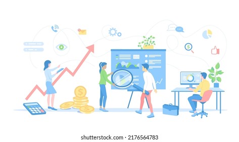Auditing, Analyse, Buchhaltung, Analyse. Das Audit-Team überprüft Informationsdaten, Dokumente und Berechnungen. Vektorgrafik-Flachstil.