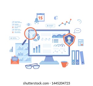  Auditing, analysis, accounting, calculation, analytics. Auditor checks the documents. Graphs, charts on the monitor screen. Vector illustration on white background. 