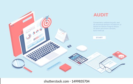 Auditing, analysis, accounting, calculation, analytics. Documents with charts graphs on the laptop screen, folder, magnifying glass, calculator, calendar, target. Isometric 3d vector background