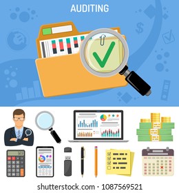 Auditing, Business Accounting Concept. Auditor Holds Magnifying Glass in Hand. Flat Style Icons Folder with checked up Financial Reports, Calculator and money. Isolated Vector Illustration