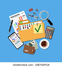 Auditing, Business Accounting Concept. Folder with checked up Financial Reports, Calculator and money. Flat Style Icons. Isolated vector illustration