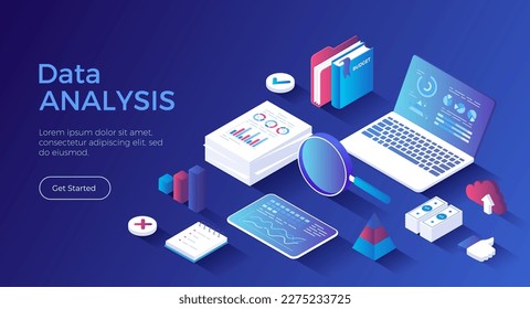 Auditorías, concepto de análisis de negocios. Datos analíticos. Estrategia financiera, gráficos y gráficos en documentos económicos. Página de inicio isométrica. Banner web de vectores.	
