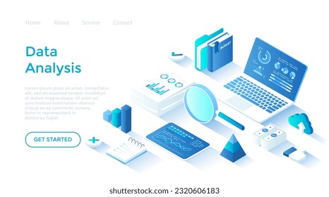 Auditing, business analysis concept. Analytics data. Financial strategy, graphs and charts in economic documents. Landing page template for web on white background.	
