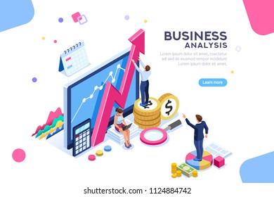 Auditing, business analysis concept with characters. Concept of opportunities. Graphic and audit documentation, economic analysis financial budget. Illustration Flat isometric vector background.