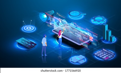 Auditing, Business Analysis Konzept mit Zeichen. Konzept der Möglichkeiten. Moderne, flache Isometrische Konzeptionssymbole für Datenanalyse, Strategie, Investitionen und Rechnungslegung. Vektorgrafik