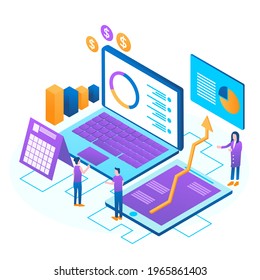 Auditing, business analysis concept with characters. Concept of opportunities. Graphic and audit documentation, economic analysis financial budget. Illustration flat isometric vector background 