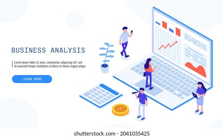Auditing, business analysis concept with characters. Concept of opportunities. Graphic and audit documentation, economic analysis financial budget. Vector isometric web banner for landing page. 