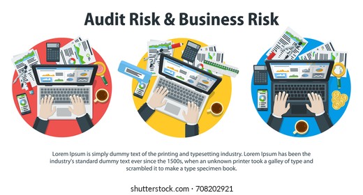 Auditing And Business Concepts. Business Accounting. Research, Analysis, Test, Analytics, Data, Project Management, Planning. A Set Of Templates For The Site And Advertising. Vector Illustration