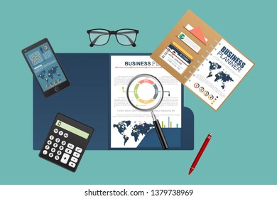 Auditing concept. Realistic design of accounting, research, calculating, management, financial analysis. Top view. Business background with desktop elements.
