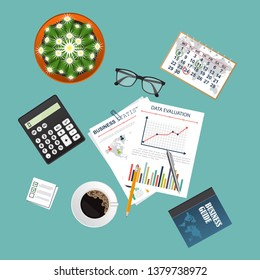 Auditing concept. Realistic design of accounting, research, calculating, management, financial analysis. Top view. Business background with desktop elements.