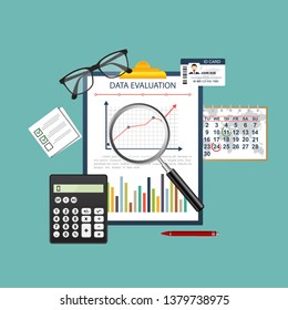 Auditing concept. Realistic design of accounting, research, calculating, management, financial analysis. Top view. Business background with desktop elements.
