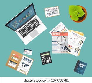 Auditing concept. Realistic design of accounting, research, calculating, management, financial analysis. Top view. Business background with desktop elements.