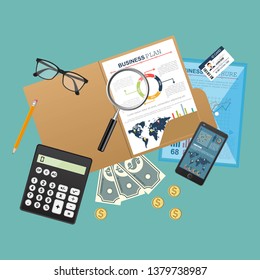 Auditing concept. Realistic design of accounting, research, calculating, management, financial analysis. Top view. Business background with desktop elements.
