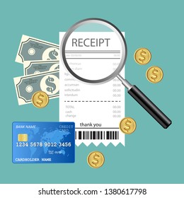 Auditing concept. Realistic design of accounting, research, calculating, management, financial analysis. Top view. Business background with desktop elements.