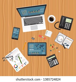 Auditing concept. Realistic design of accounting, research, calculating, management, financial analysis. Top view. Business background with desktop elements.
