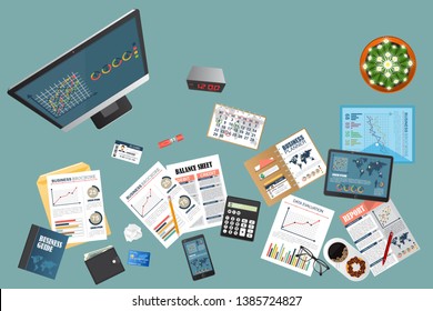 Auditing concept. Realistic design of accounting, research, calculating, management, financial analysis. Top view. Business background with desktop elements.