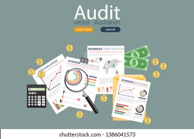 Auditing concept. Realistic design of accounting, research, calculating, management, financial analysis. Top view. Business background with desktop elements.