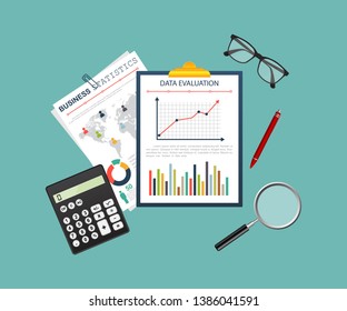 Auditing concept. Realistic design of accounting, research, calculating, management, financial analysis. Top view. Business background with desktop elements.