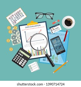 Auditing concept. Realistic design of accounting, research, calculating, management, financial analysis. Top view. Business background with desktop elements.