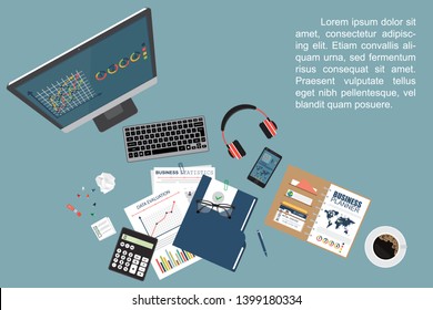 Auditing concept. Realistic design of accounting, research, calculating, management, financial analysis. Top view. Business background with desktop elements.