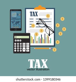 Auditing concept. Realistic design of accounting, research, calculating, management, financial analysis. Top view. Business background with desktop elements.
