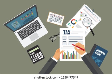 Auditing concept. Realistic design of accounting, research, calculating, planning, management, financial analysis, data. Top view. Business background with desktop elements. Project management concept