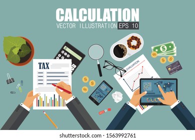 Auditing concept. Realistic design of accounting, research, calculating, planning, management, financial analysis, data. Top view. Business background with desktop elements. Project management concept